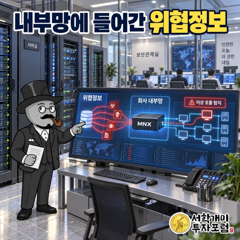 MNX가 스위치 SPAN이나 TAP 장치로 복제한 통신을 실제 서비스 경로 바깥에서 받아 분석하고, CTX 위협정보로 저장된 과거 통신을 다시 조회하는 설치 구조도