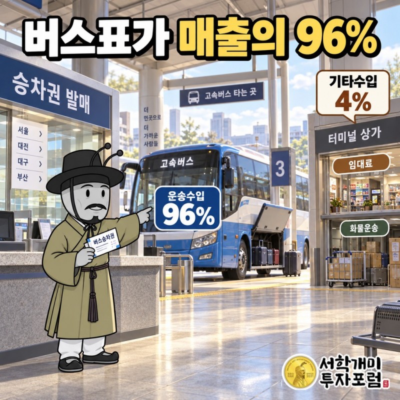 동양고속의 주요 노선(경부·영동·구마·경인·88선)과 자가 터미널 네 곳(대구·마산·아산·평택), 자가 정비공장 두 곳(안양·아산)을 지도 위에 표시하고 매출 구성 운송수입 96.0%·기타수입 4.0%를 함께 보여 주는 도판