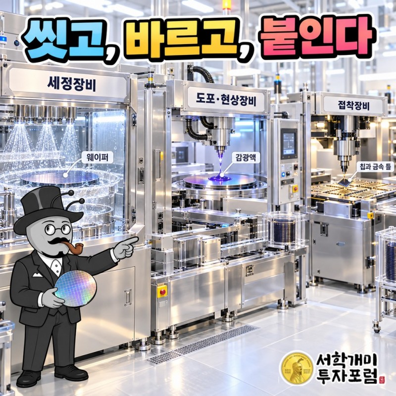 더코디 장비가 맡는 반도체 공정 세 장면: 웨이퍼 세정·건조, 감광액 도포·현상, 칩을 리드프레임에 붙이는 다이 본딩