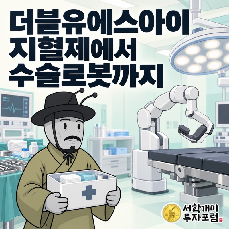 더블유에스아이의 지혈제·척추 의료기기 공급 사업과 자회사 이지메디봇의 자궁거상 보조 로봇 유봇을 연결하는 표지