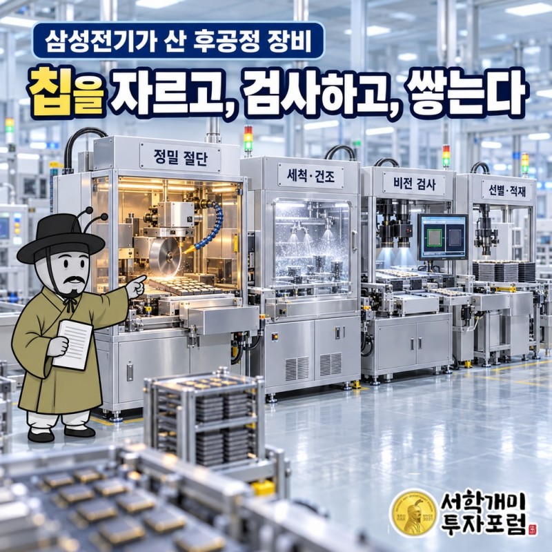 MSVP 장비 안에서 반도체 패키지가 마이크로 쏘로 절단된 뒤 세척·건조, 비전 검사, 선별·적재로 이어지는 흐름을 보여 주는 그림