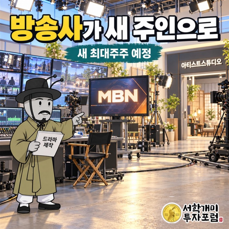 MBN이 편성, 아티스트스튜디오가 제작, 코퍼스코리아가 일본 배급을 맡는 연계 구조도. MBN 40억원 유상증자와 교환사채, 코퍼스코리아 지분 16.37%를 함께 표시