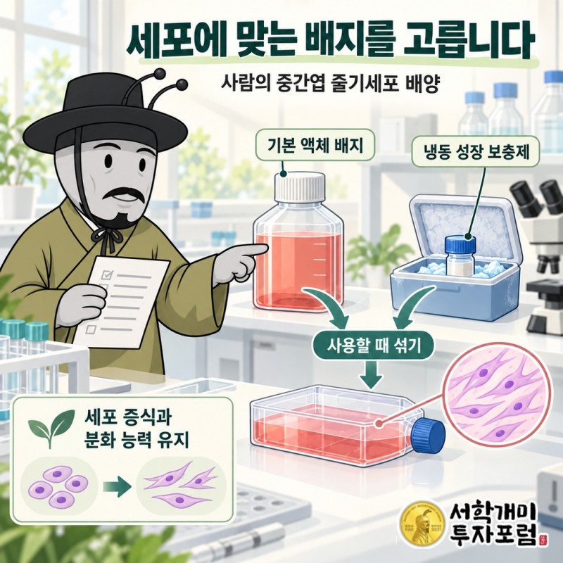 세포 배양 단계: MesenPRO RS의 기본 배지에 성장 보충제를 넣어 연구에 필요한 세포를 키우는 제품 사용 구조