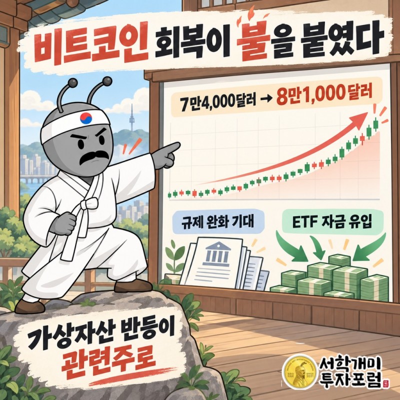 규제 완화 기대와 미국 현물 비트코인 ETF 자금 유입, 비트코인 회복이 국내 관련주로 번진 흐름