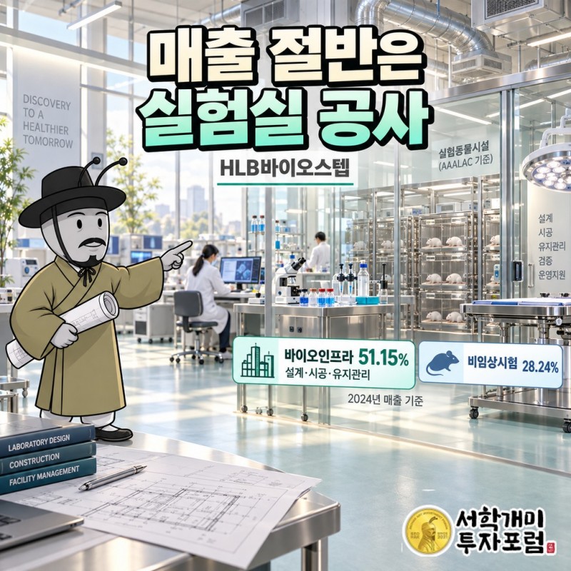 2024년 HLB바이오스텝 매출 비중: 바이오인프라(동물실험실 설계·시공·유지관리) 51.15%, 비임상CRO(비글·미니피그·염소 유효성·독성 평가) 28.24%를 비교한 도판