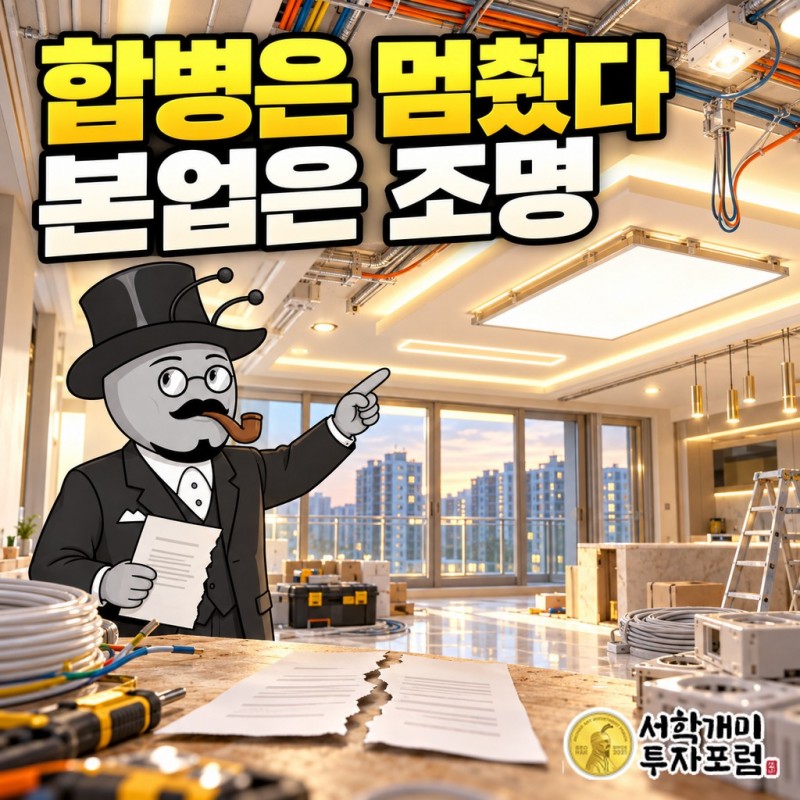 아리바이오홀딩스 간판 아래 아파트 단지 조명과 전기공사 현장이 놓인 표지, 바이오 이름과 조명 사업의 대비