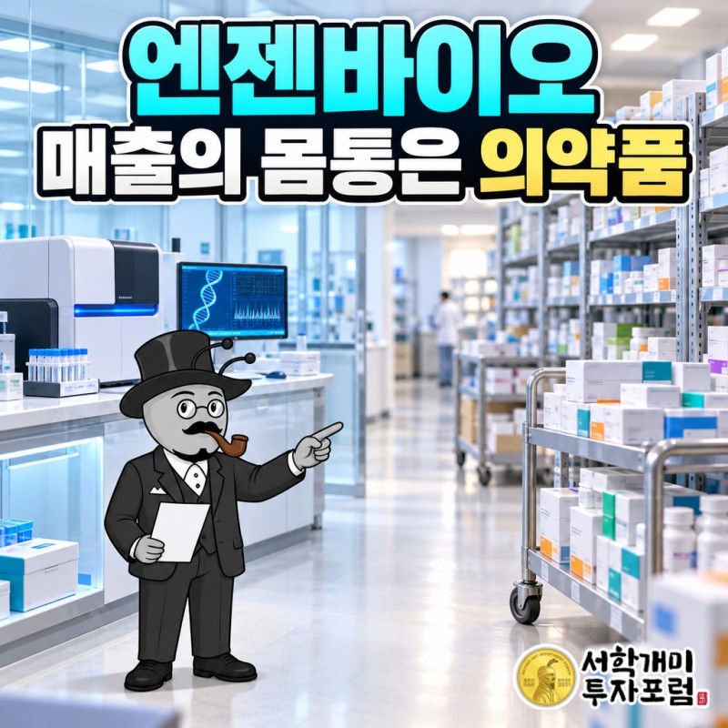 엔젠바이오의 두 얼굴: 유전자 진단 시약 패널과 의약품 도매 상자가 한 회사 안에 나란히 놓인 장면