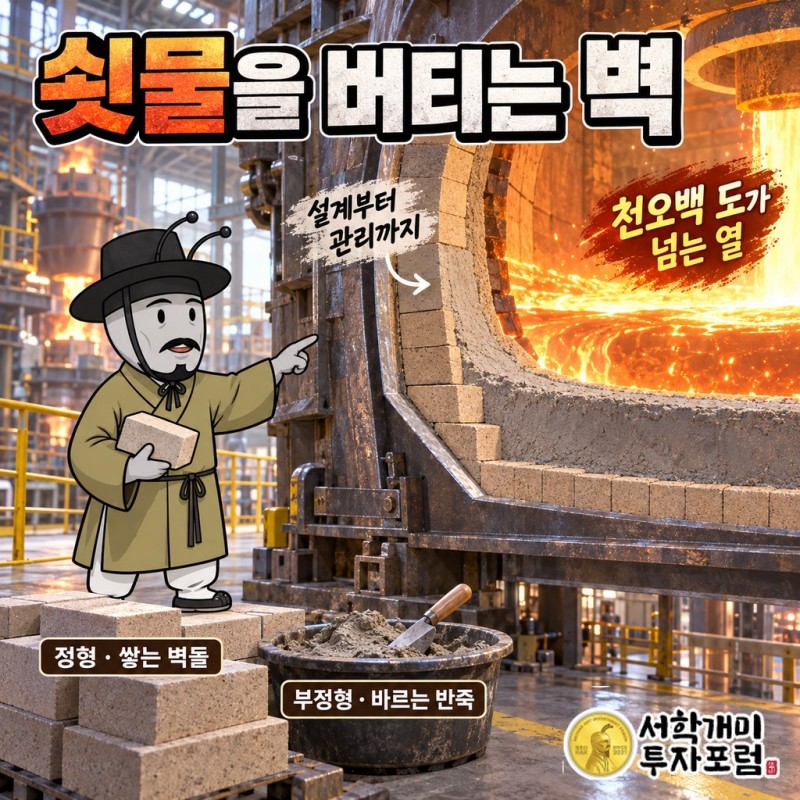 고로·전로·연속주조 설비 단면에서 조선내화 정형 내화물(쌓는 벽돌)과 부정형 내화물(바르고 뿌리는 반죽)이 각각 들어가는 위치를 보여 주는 그림