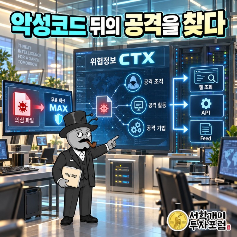 무료 백신 MAX가 새 악성코드를 거두고, CTX가 이를 공격 조직·활동·기법 정보로 정리한 뒤 웹 조회·API·Feed, 내부망 분석 장비 MNX, 공공 AI 학습 데이터로 나눠 보내는 흐름도