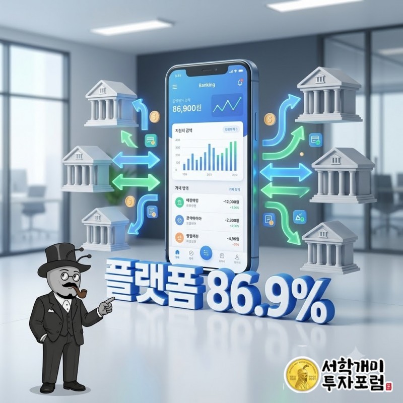 고객이 보는 은행 앱 화면과 그 뒤에서 핑거가 구축·유지하는 뱅킹 플랫폼, 신한은행 전담반 계약 규모를 한 장면으로 보여 주는 도판