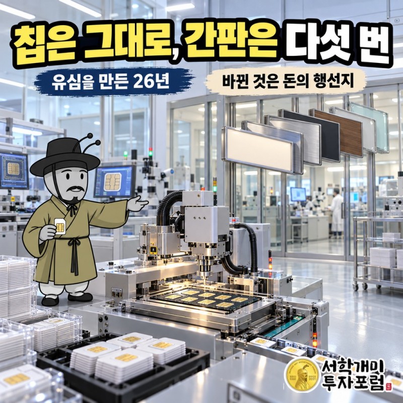 2000년 스마트카드연구소부터 2026년 퀀텀레일까지 회사 이름 다섯 개와 한솔인티큐브·대광헬스케어·하이퍼코퍼레이션 계열·베스탠드코리아로 이어진 최대주주를 한 줄 연표로 정리한 도판