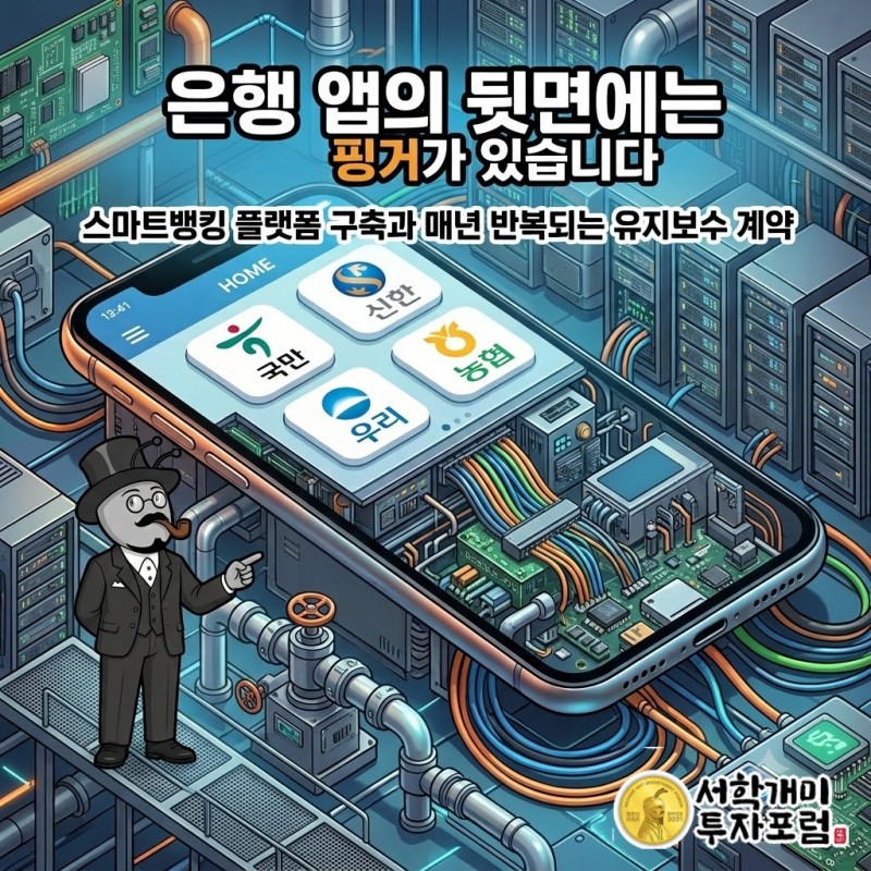 은행 스마트폰 앱 화면 뒤로 전자부품 그룹의 지배구조가 겹쳐 보이는 핑거 표지