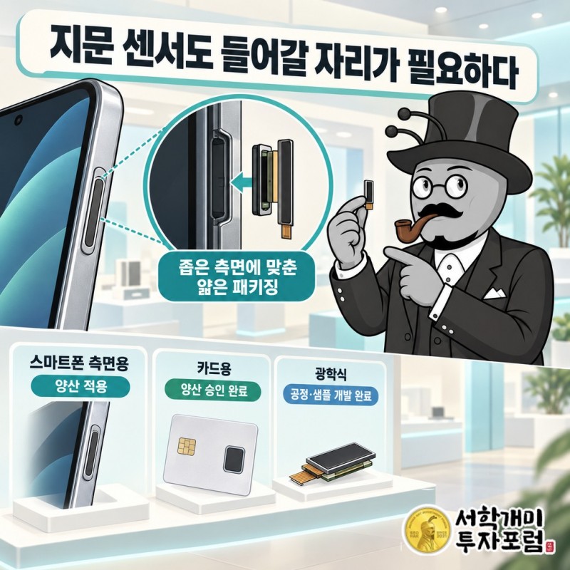 스마트폰 측면용과 스마트카드용 지문인식 제품의 좁고 얇은 장착 공간을 비교하는 개념도. 특정 완제품에 대한 납품을 뜻하지 않음