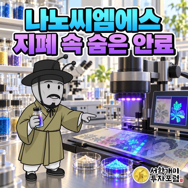 빛을 비추면 색이 바뀌는 위조방지 안료가 들어간 지폐와 나노씨엠에스의 전력반도체 웨이퍼 소재를 나란히 보여 주는 표지