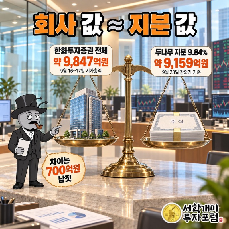 한화투자증권 시가총액 약 9,847억원과 보유 두나무 지분 343만500주의 9월 23일 장외가 환산액 약 9,159억원을 나란히 놓은 비교 카드