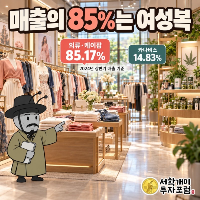 파이온엑스 2024년 상반기 매출 구성: 의류·K-POP 부문 85.17%(조지아 3개·텍사스 8개 Papaya 매장과 EK Line 도매), 카나비스 부문 14.83%(로스앤젤레스 로열그린스 매장과 BudzDeli)