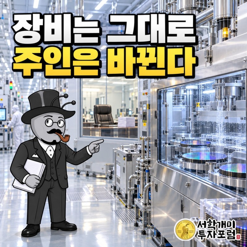 반도체 웨이퍼 세정장비와 최대주주 자리를 상징하는 빈 의자를 함께 배치한 더코디 표지