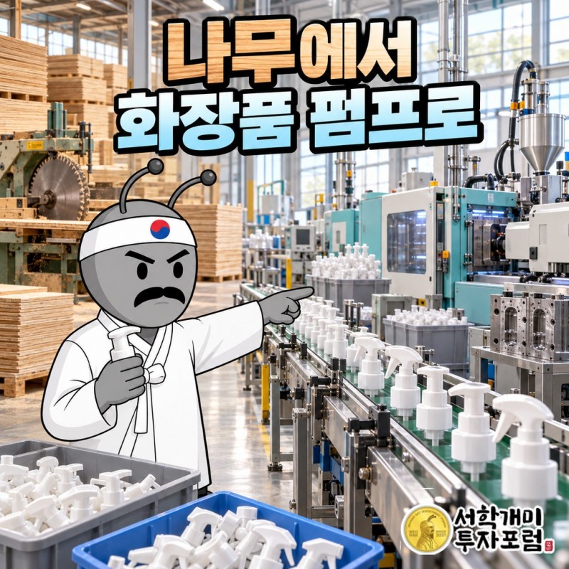 선창산업 시절의 합판 더미와 지금 SUN&L 공장에서 나오는 화장품 펌프·분무기 머리를 나란히 놓아 회사가 만드는 물건이 바뀐 것을 보여 주는 표지