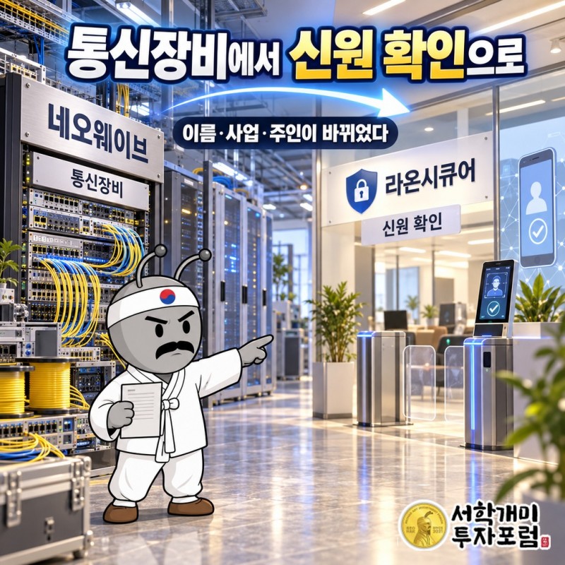 1998년 네오웨이브 설립(광 가입자 전송 장비), 2011년 테라움 상호 변경, 2012년 라온시큐어 상호 변경과 루멘소프트 합병, 2013년 최대주주 변경, 2023년 라온화이트햇 합병으로 이어지는 라온시큐어 연혁 타임라인