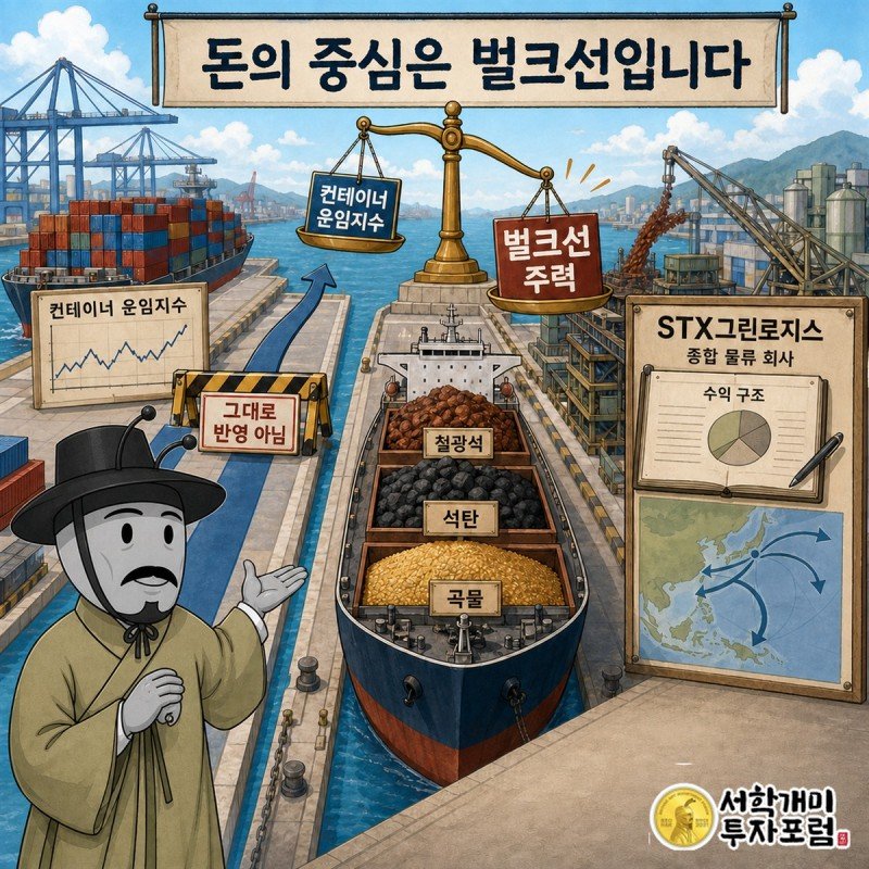 컨테이너선과 벌크선을 나란히 놓고 STX그린로지스의 실제 주력 사업을 구분하는 장면