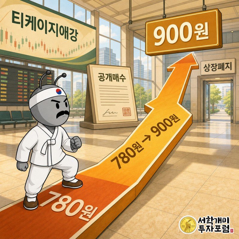 티케이지애강 상한가 780원과 공개매수가 900원, 상장폐지