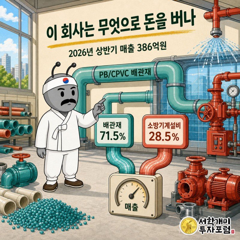 티케이지애강 매출 386.0억원 구성 — 배관재 71.5%, 소방설비 28.5%
