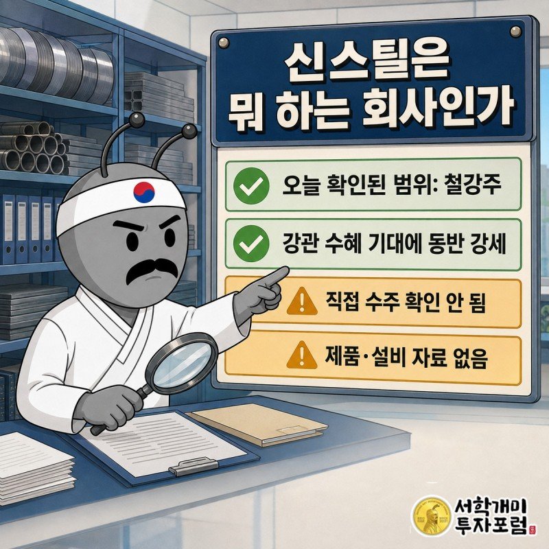신스틸의 매출 흐름과 얇은 영업이익, 순이익 적자 구간을 함께 비교한 재무 장면