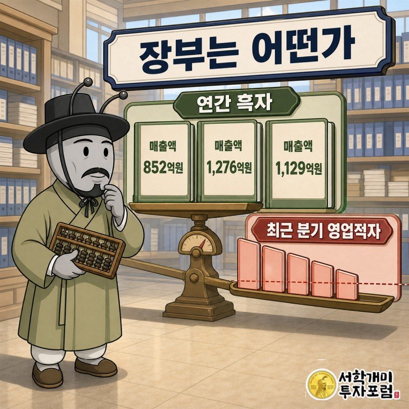 알트의 연간 흑자와 최근 분기 영업적자를 저울처럼 비교한 재무 이미지