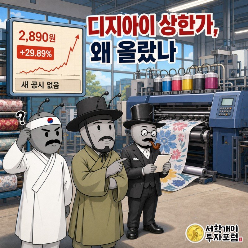 산업용 디지털 프린터 앞에서 디지아이 상한가와 공시 부재를 함께 살펴보는 장면