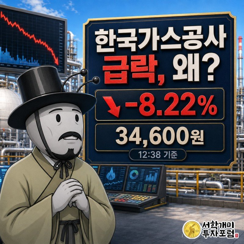 한국가스공사와 한국석유공사 통합 추진 소식에 급락한 주가를 설명하는 장중 속보 일러스트