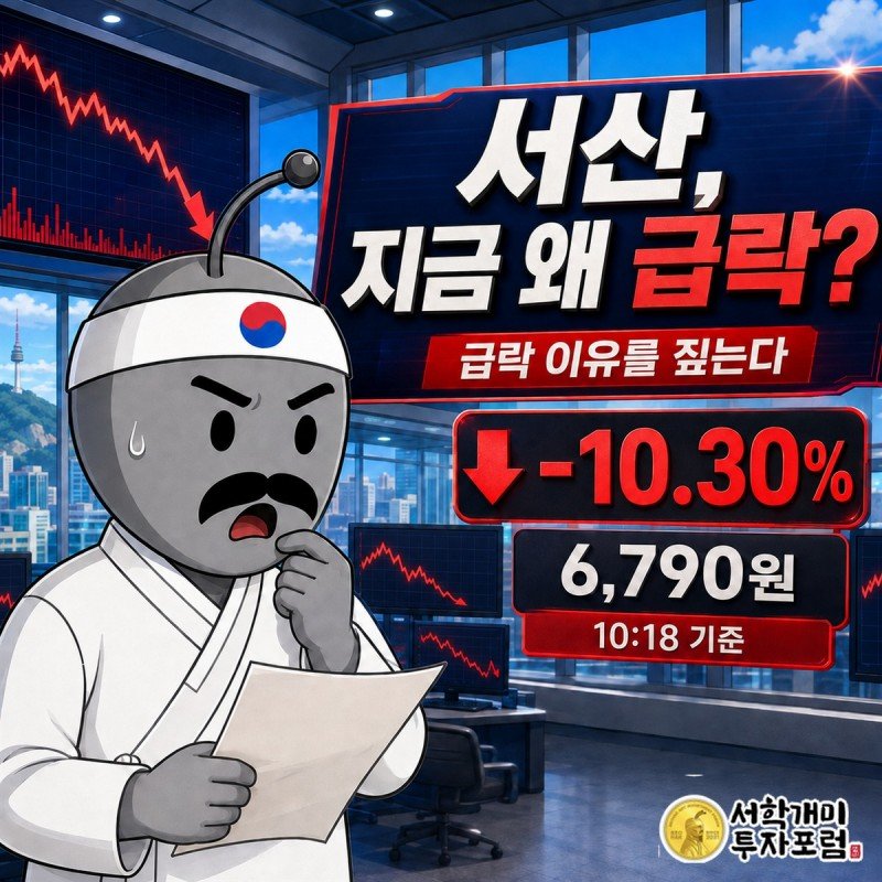10:18 기준 급락 중인 서산 주가와 확인되지 않은 급락 촉매를 짚는 장중 속보 표지