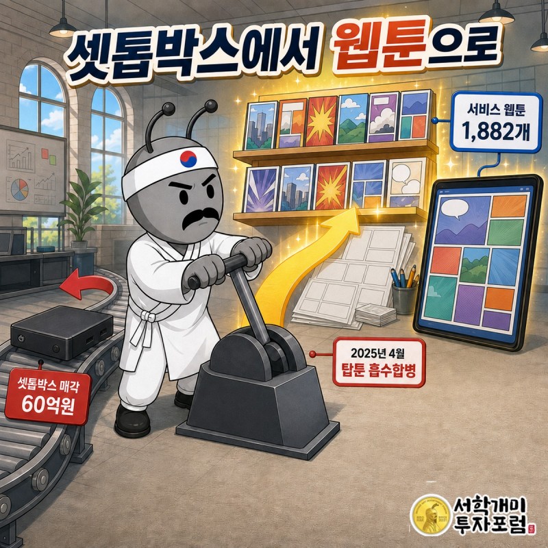 2023년부터 2025년까지 탑코미디어 매출 성장과 영업흑자 전환, 순손실과 부채비율을 함께 비교한 장면