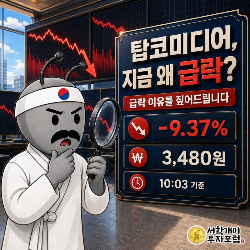 탑코미디어 10시 03분 급락 현황을 설명하는 장중 속보 커버