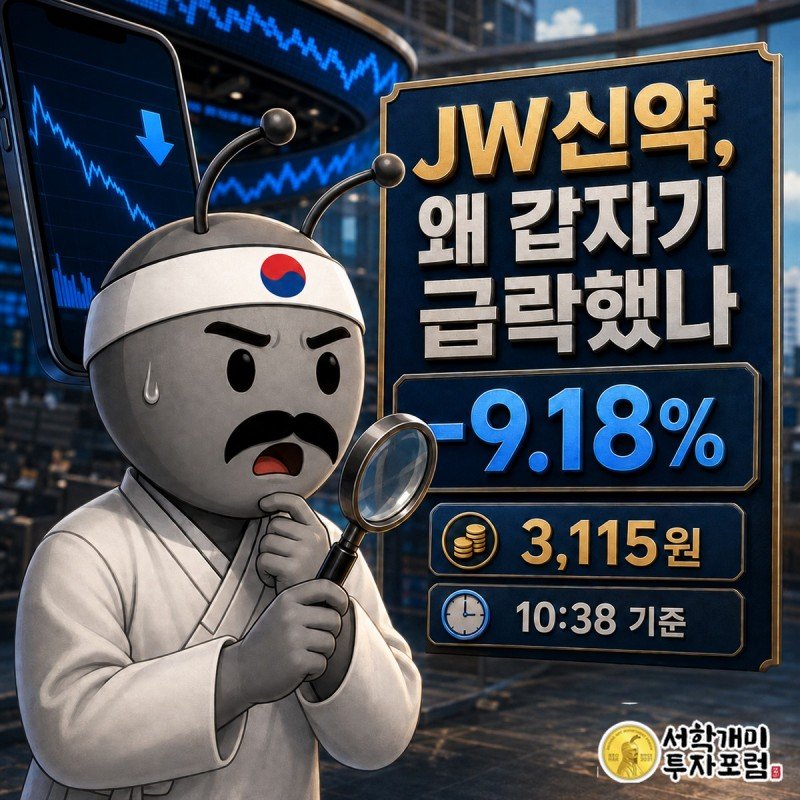 JW신약 장중 급락 이유와 재무 수치를 설명하는 이미지
