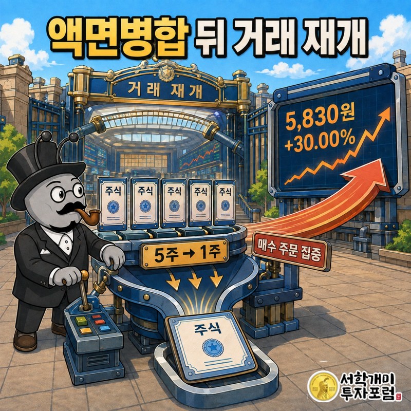 우리바이오 주가가 5대 1 액면병합 뒤 거래 재개 첫날 상한가에 오른 과정을 설명한 이미지