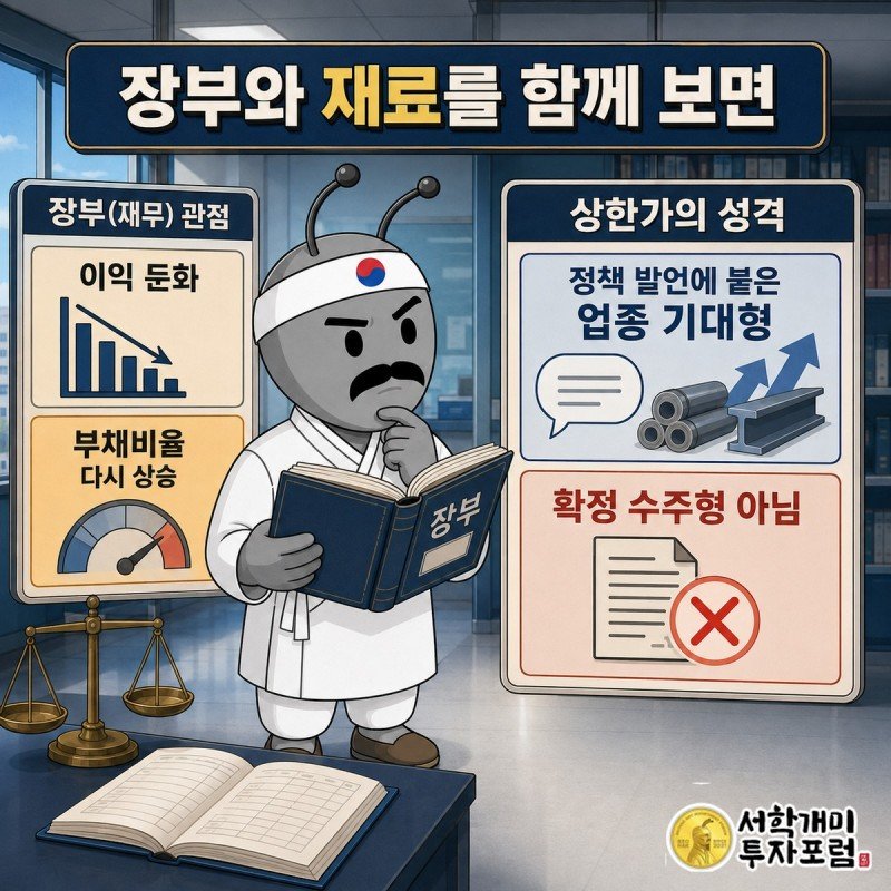 철강주 동반 상승과 신스틸 직접 수주 미확인을 대비해 상한가 성격을 설명한 장면