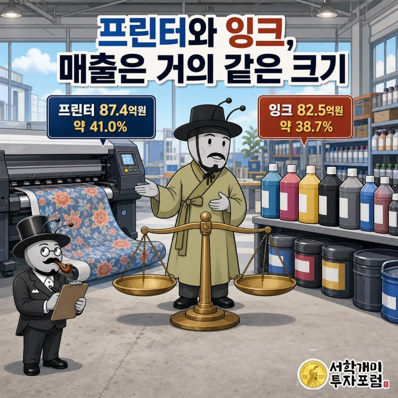 디지아이의 텍스타일 프린터와 잉크 매출이 비슷한 규모임을 보여주는 인포그래픽