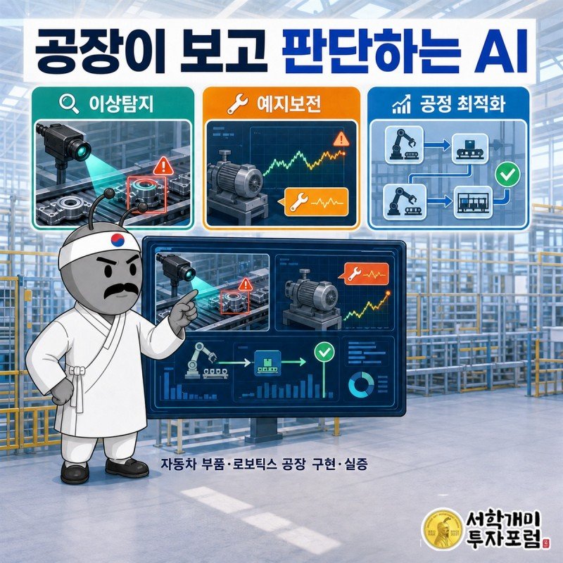 AI 비전과 VLM, AI 에이전트가 공장 설비의 이상탐지와 예지보전을 수행하는 장면