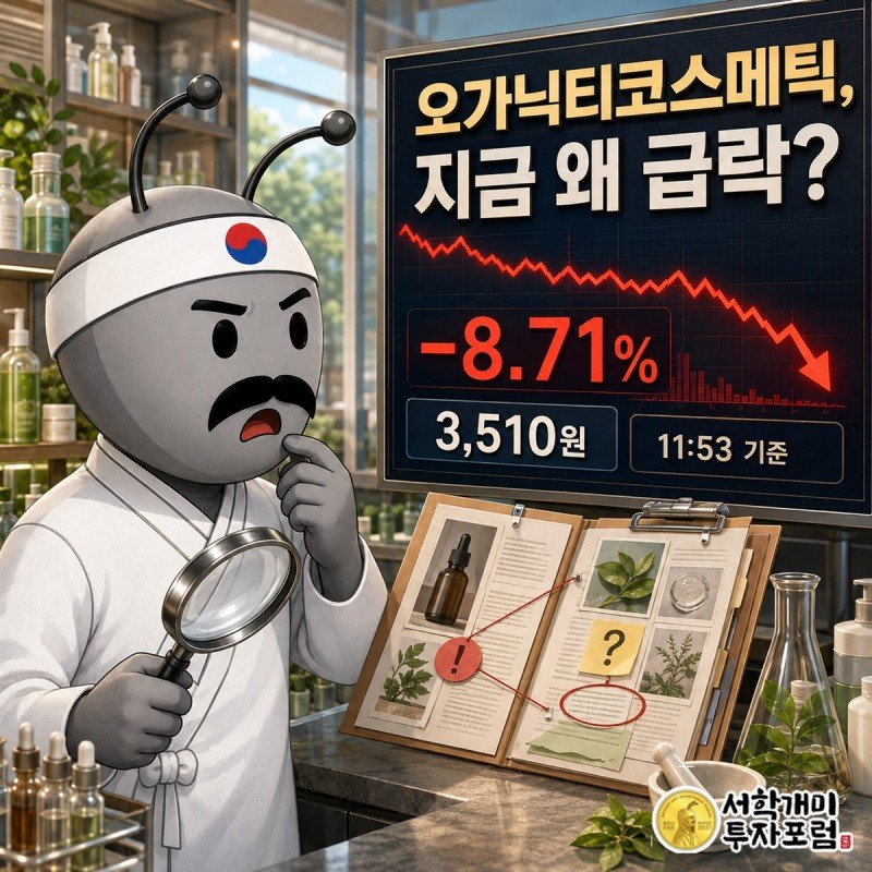 오가닉티코스메틱 장중 급락과 확인되지 않은 촉매를 설명하는 표지