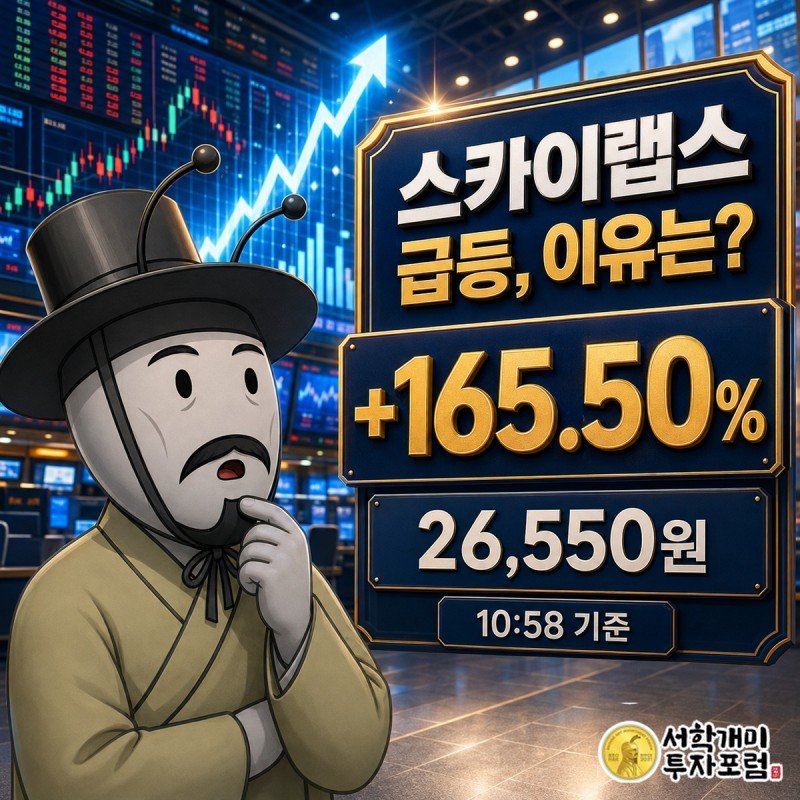 스카이랩스 10시 58분 기준 급등 현황을 설명하는 장중 속보 커버