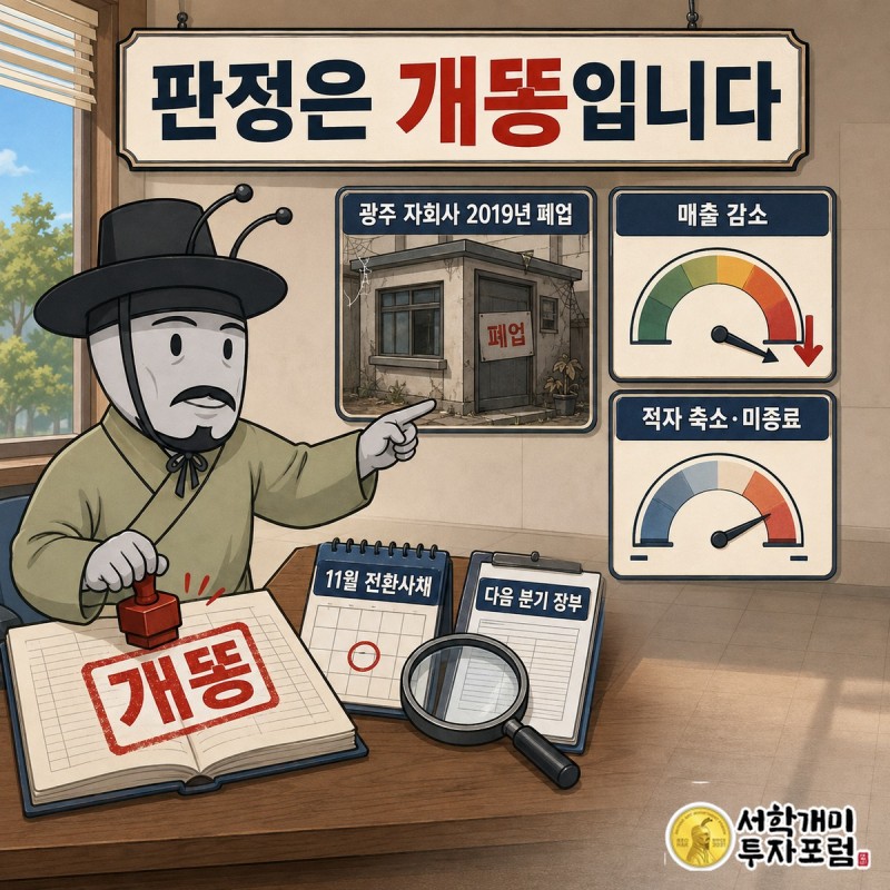 폐업한 금호에이엠티와 손실을 낸 브릭메이트를 보여주는 금호전기 자회사 구조