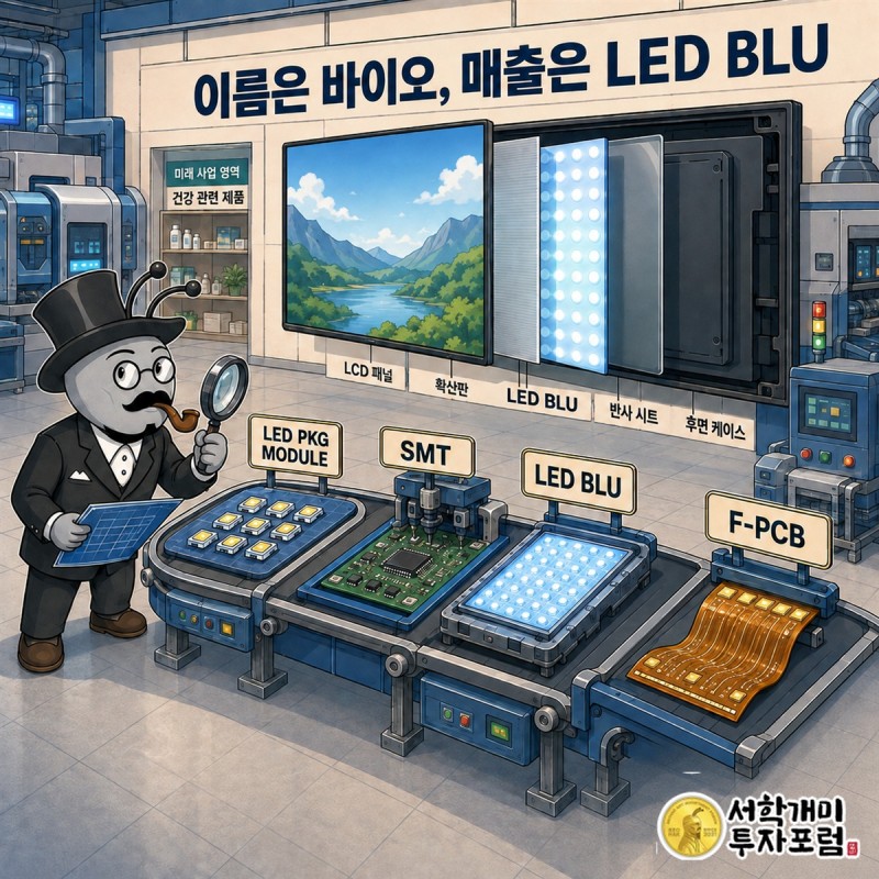 우리바이오 매출 대부분을 차지하는 LED BLU와 LED PKG 전자부품 사업 구조를 보여주는 이미지