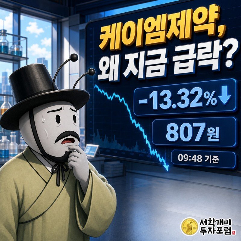 케이엠제약 주가 급락과 손익·부채 흐름을 보여주는 장중 속보 표지