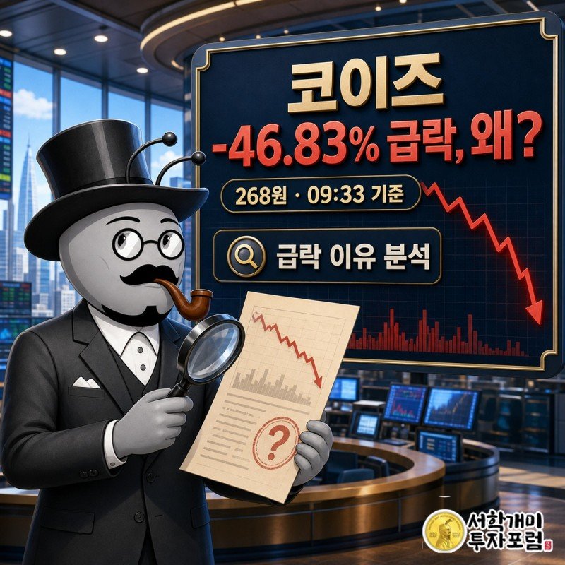 코이즈 09시 33분 급락 현황을 다룬 장중 속보 표지