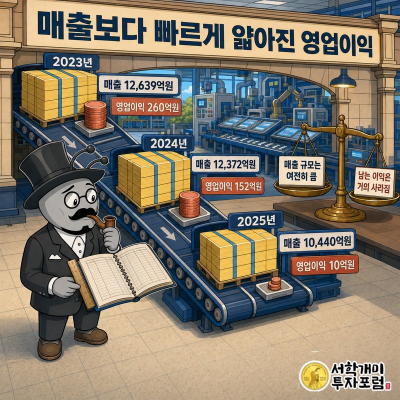 우리바이오 3개년 매출 감소와 영업이익률 0.09%, 부채비율 상승을 비교한 재무 이미지