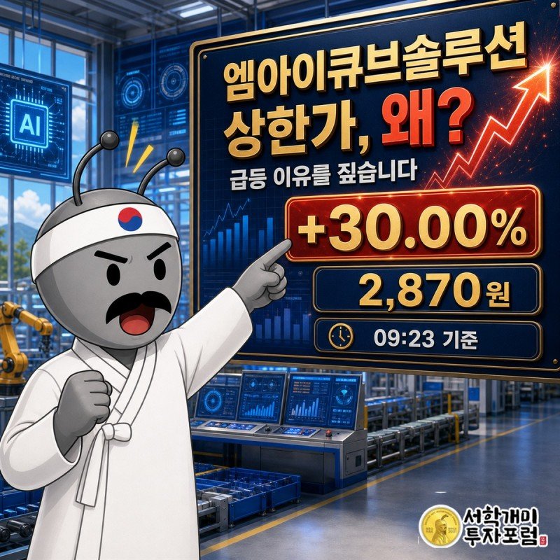 국책과제 선정 소식으로 이틀 연속 상한가를 기록한 엠아이큐브솔루션 장중 속보 표지