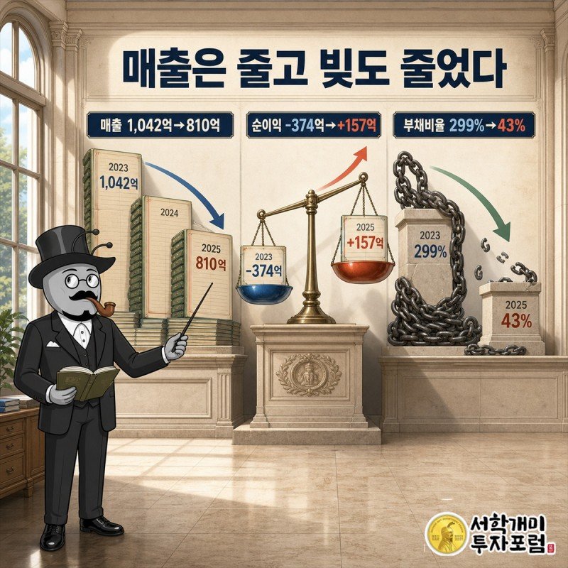 매출 감소와 부채비율 급감이 엇갈리는 3개년 흐름