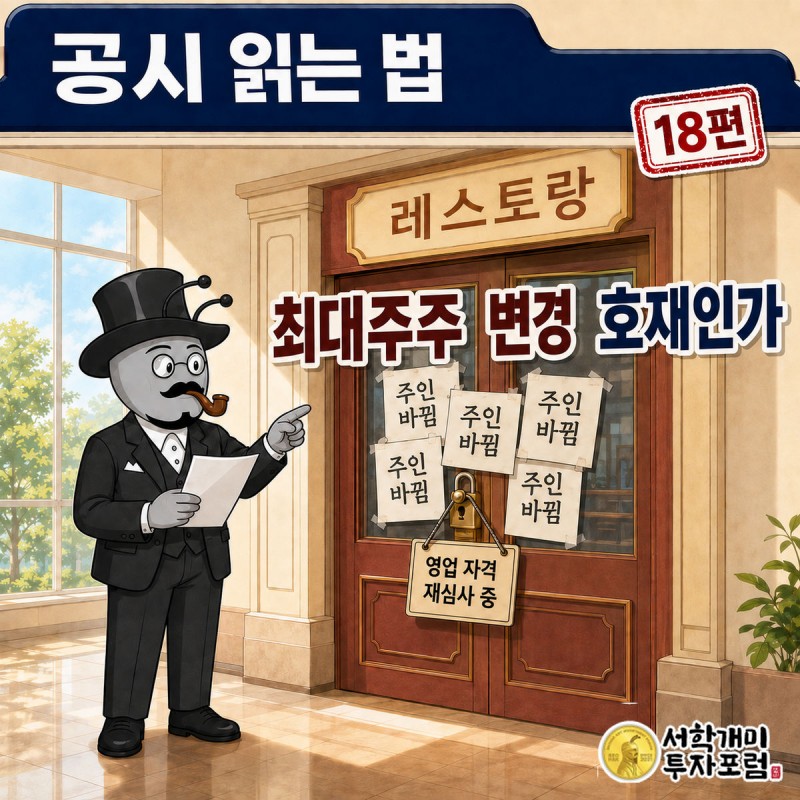 공시 읽는 법 18편 커버. 부자개미가 간판은 그대로인데 주인 이름표만 새로 붙어 있는 식당 문 앞에서 서류를 짚어 보는 장면