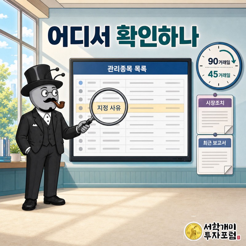 부자개미가 KIND 관리종목 목록 화면에서 지정 사유 칸을 돋보기로 짚는 장면. 옆에 90일 회복 기간 시계가 돌고 있다