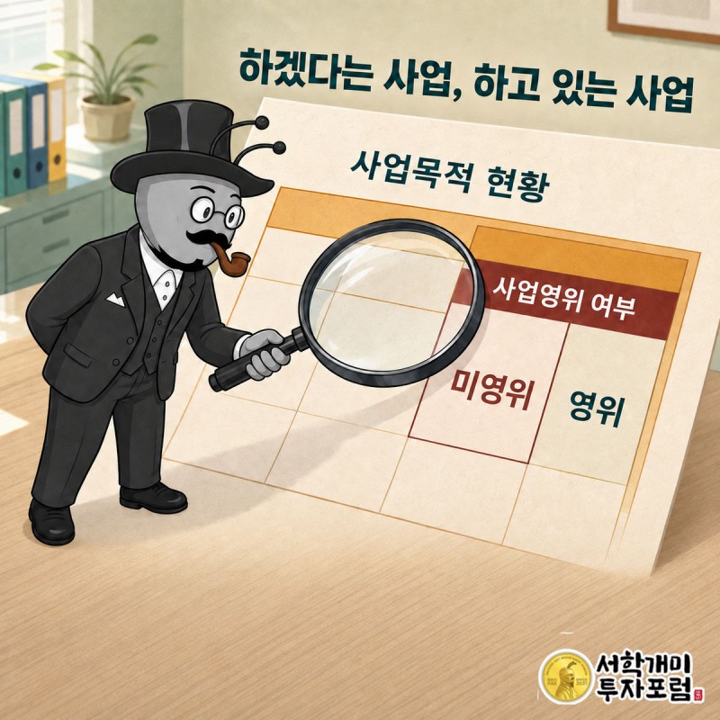 부자개미가 사업목적 현황 표의 「사업영위 여부」 열을 돋보기로 짚는데, 한 줄에 미영위라고 적혀 있는 장면